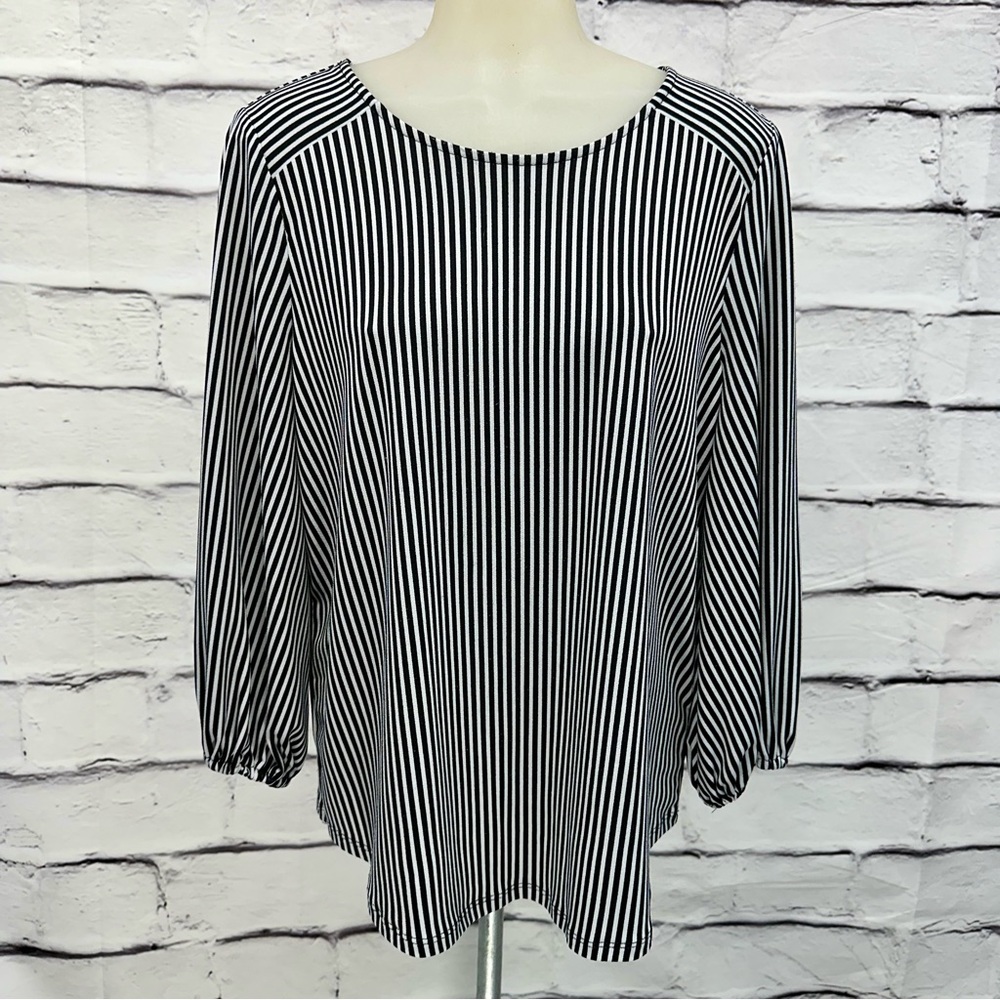 ADRIANNA PAPELL Black White Stripes Long Balloon Sleeves Blouse Sz Med K… - Picture 12 of 12